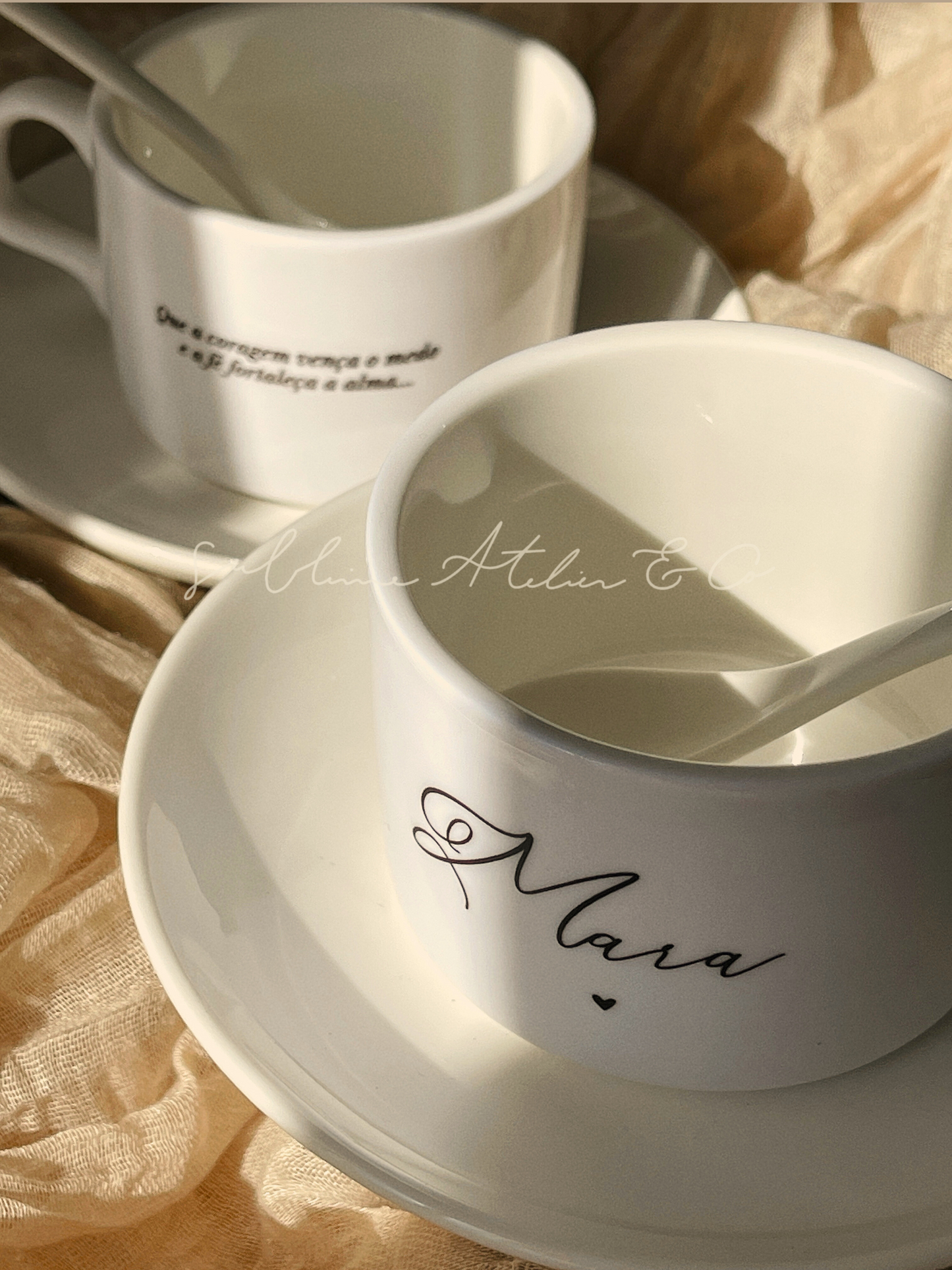 Conjunto de Chávena Personalizada - Nome, Coração e Frase